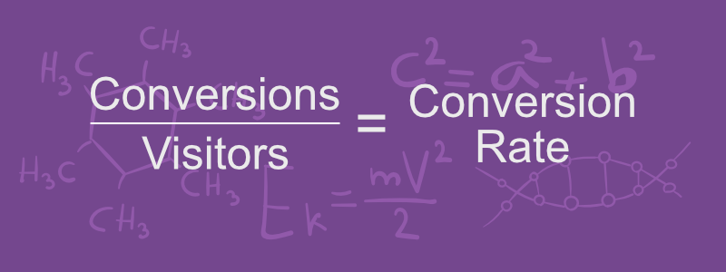 Chart illustrating the conversion rate formula. Conversion rate equals total conversions divided by total website visitors.