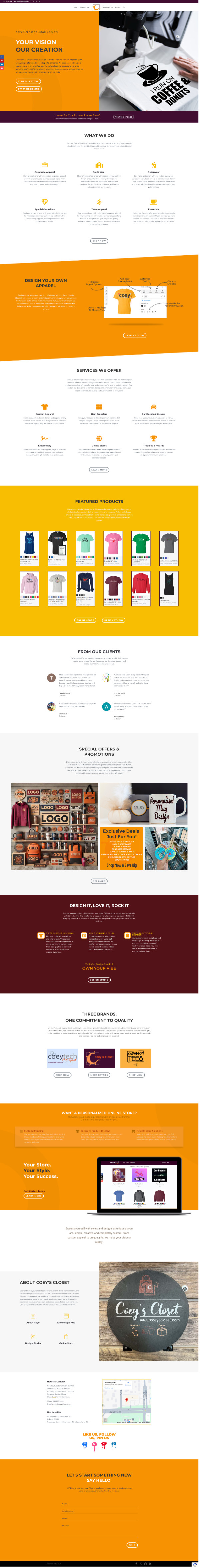 Full page layout of the home page for coey's closet. Demonstrates how the design highlights the company services and products.